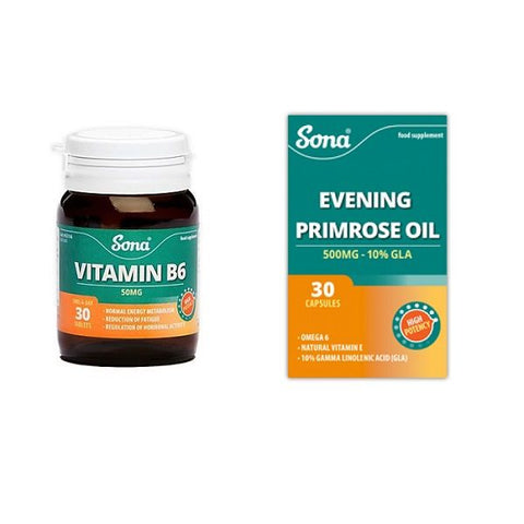Sona PMT special offer, Vitamin B6 50mg & Evening Primrose Oil 500mg - 30 Capsules each